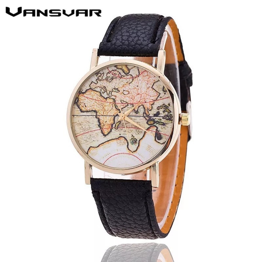 Vansvar Leather Strap World Map Watch Fashion Wome - Picture 1 of 3